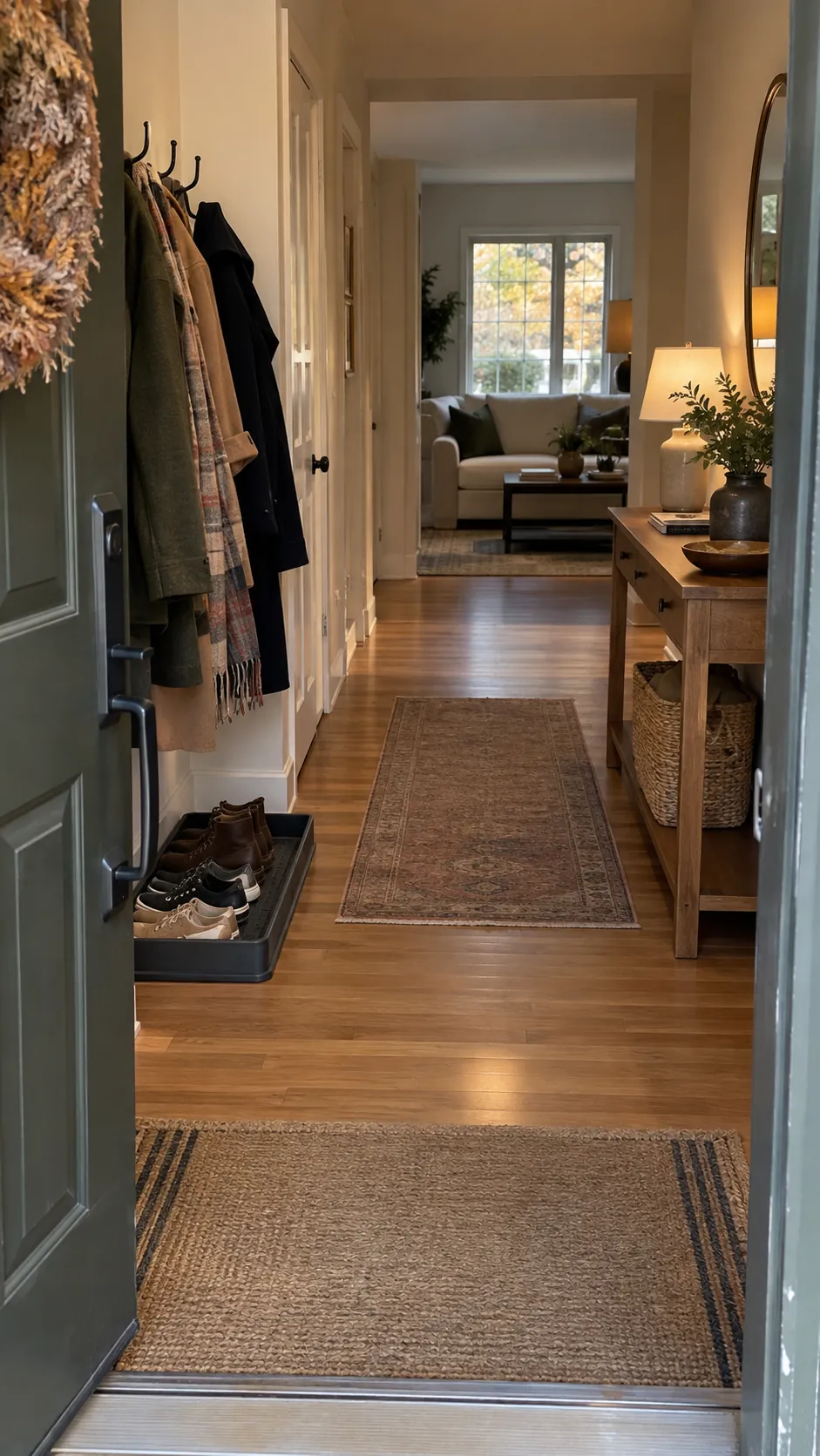 Reset the Hall Between Arrivals in a practical Thanksgiving entryway