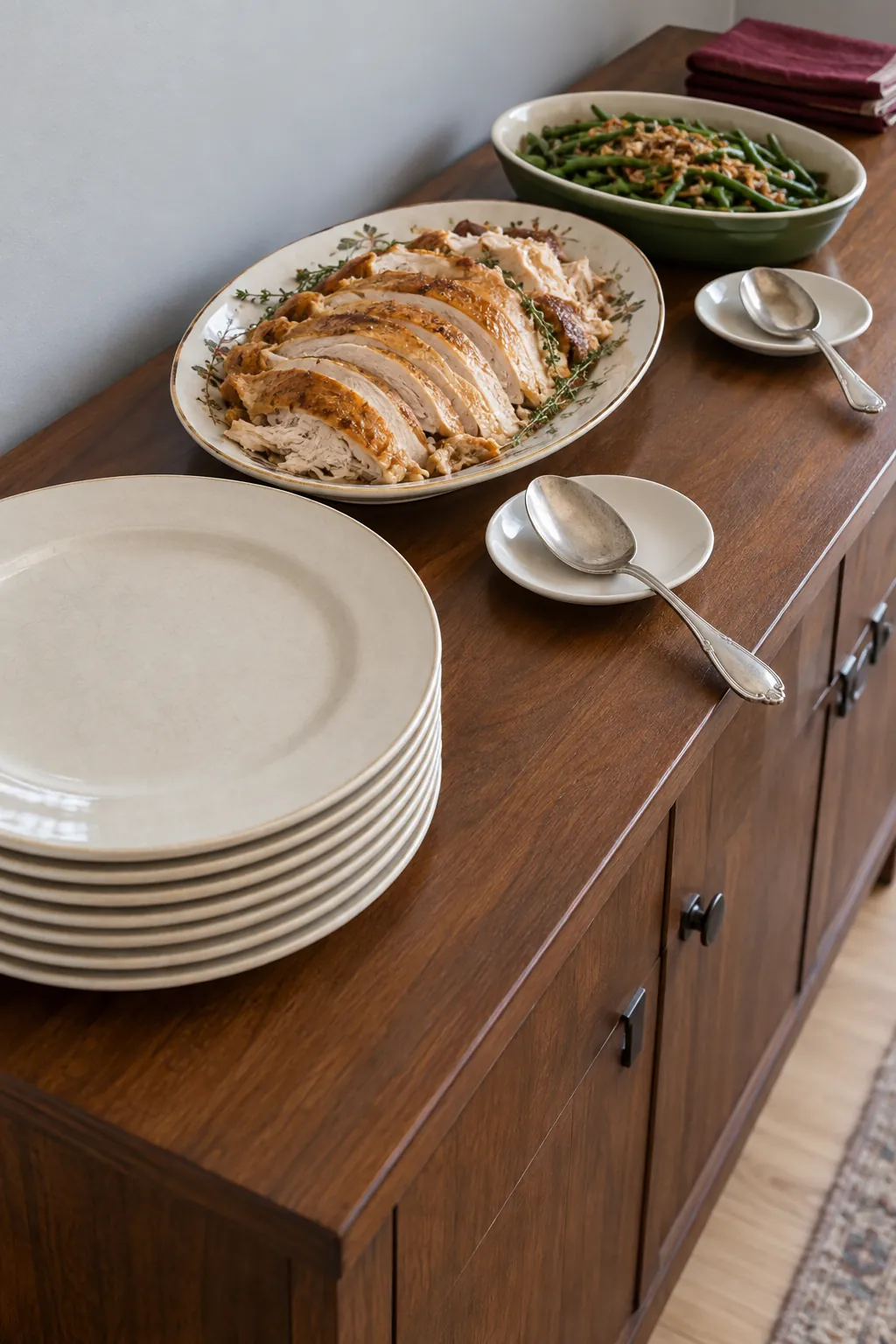 Plates at the start of a Thanksgiving sideboard buffet with serving utensils beside dishes