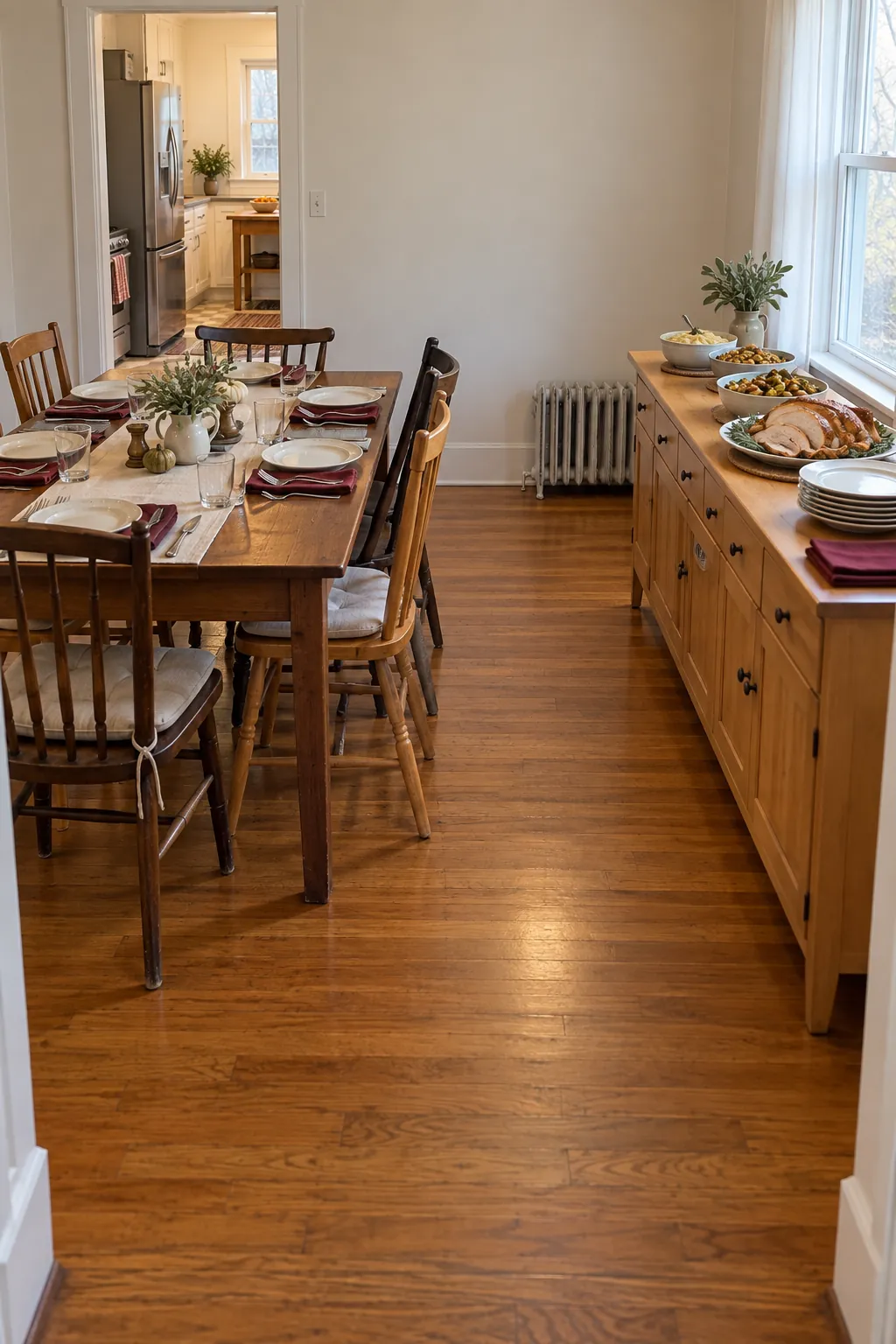Thanksgiving dining room buffet beside an open route that bypasses the kitchen