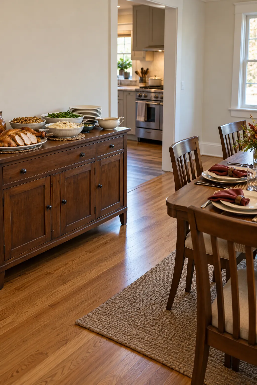 Thanksgiving buffet outside the kitchen with a clear dining room serving route