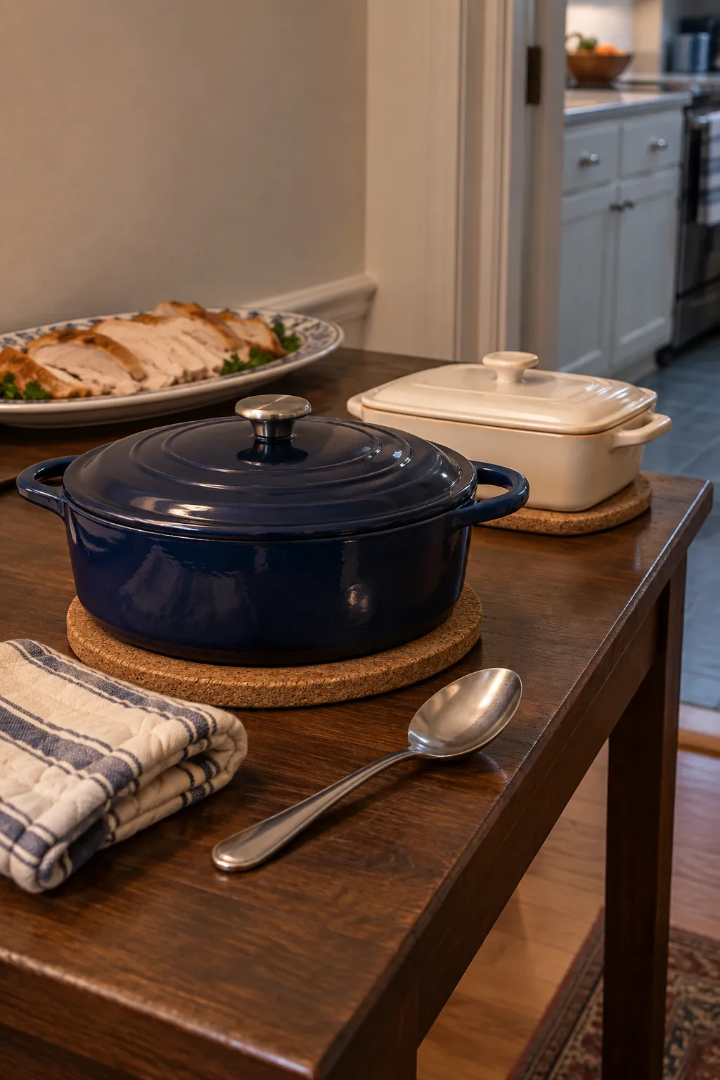 Lidded Thanksgiving casseroles on heat-safe trivets near a separate kitchen replenishment entrance