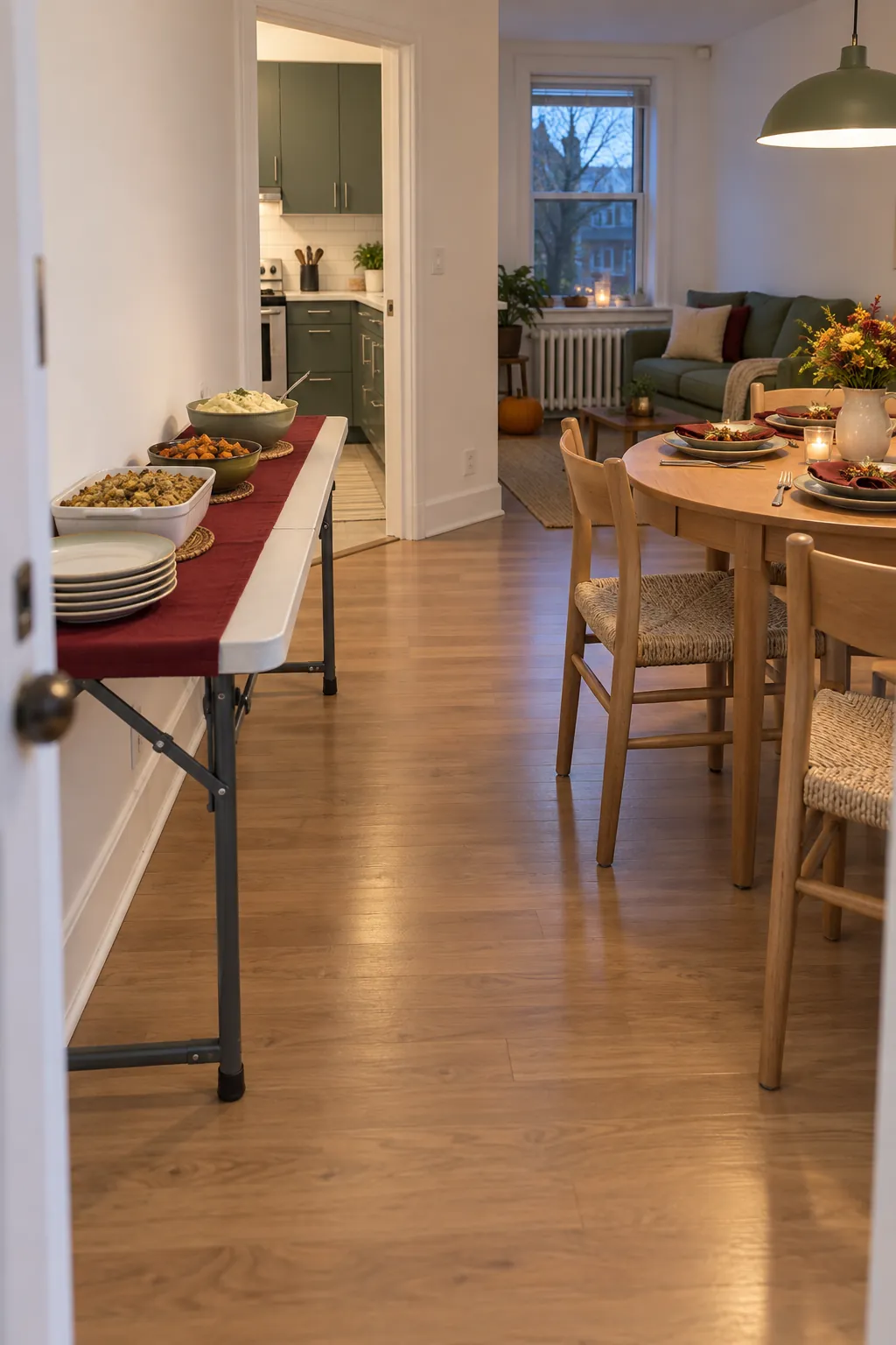 Shallow Thanksgiving buffet table along the wall of a small apartment dining area