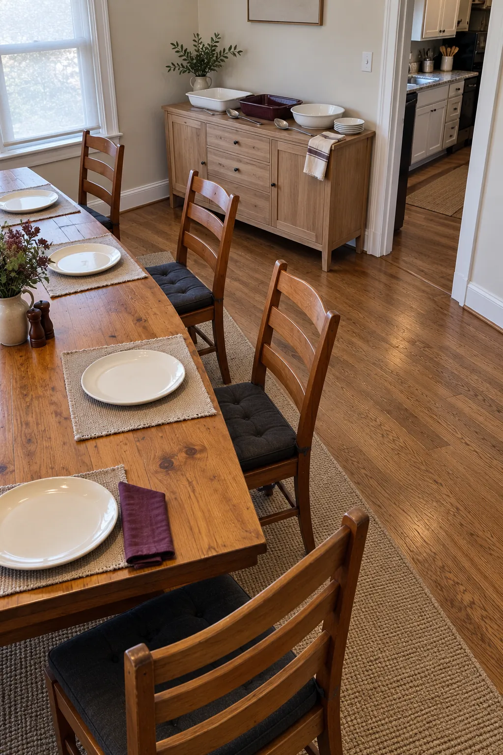 Dining chairs pulled out beside a clear Thanksgiving serving and return route