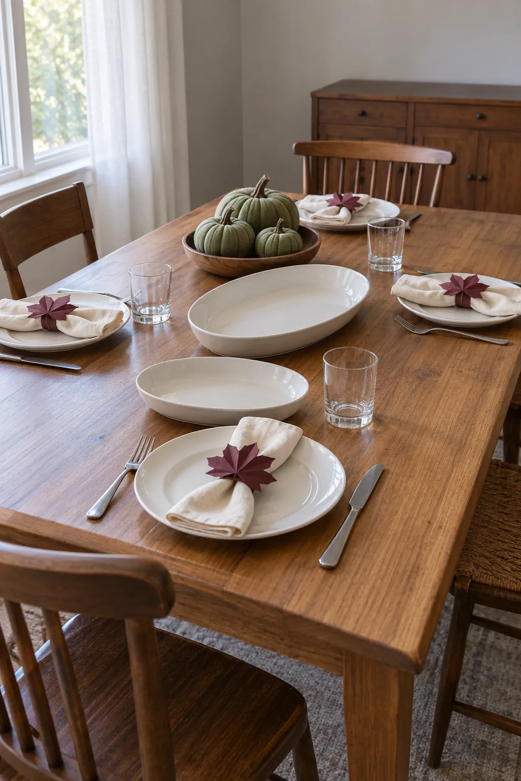 Thanksgiving table prepared with handmade leaf napkin rings, fabric pumpkins, and room for serving dishes