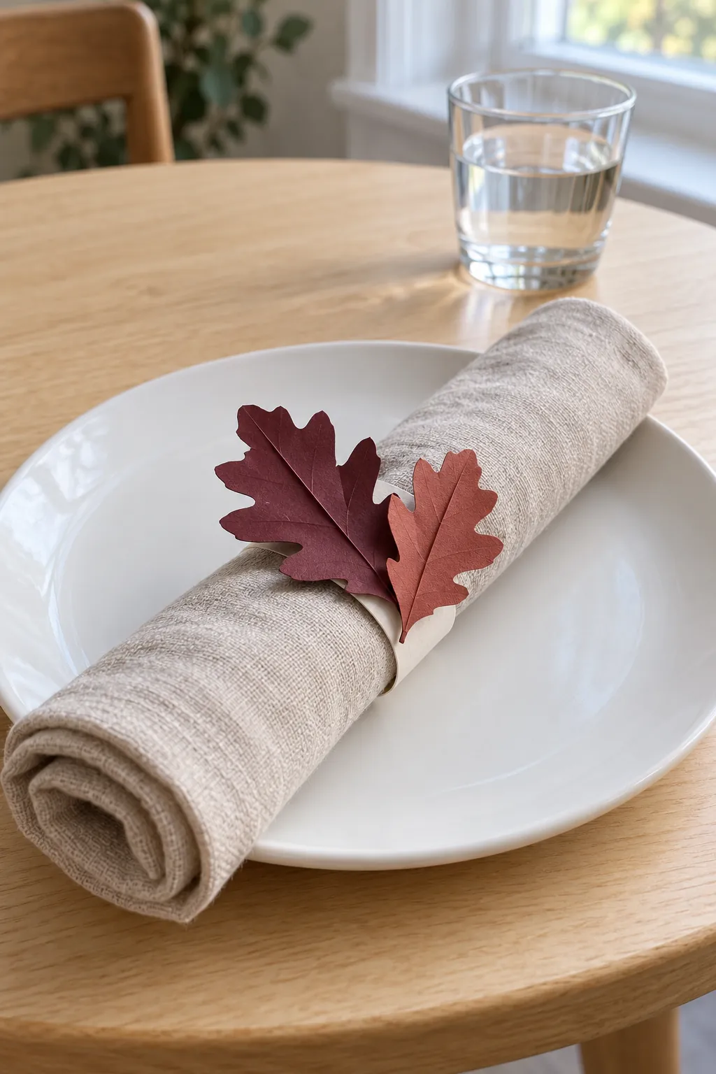 Thanksgiving table decoration with folded paper leaf napkin rings