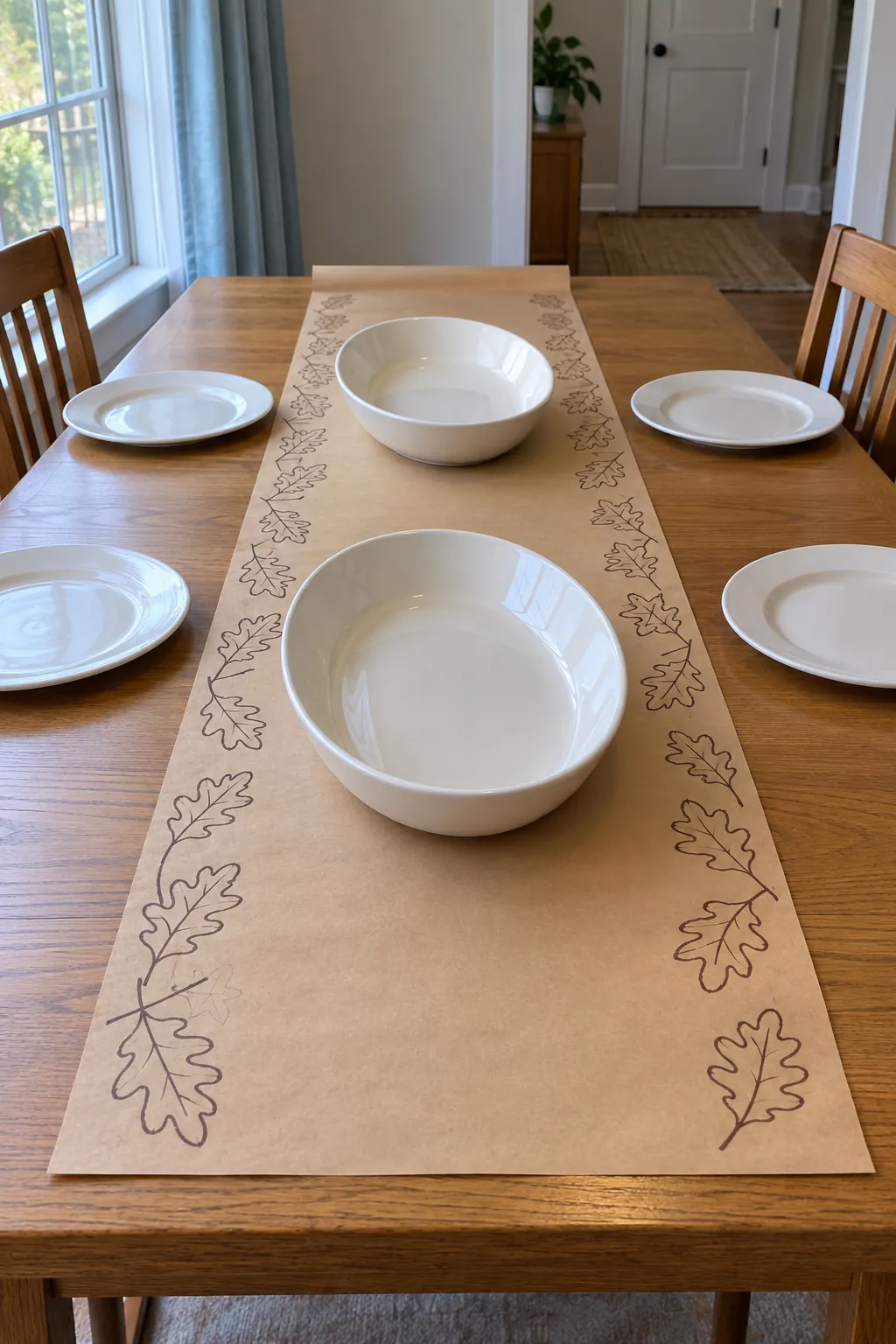 Thanksgiving table decoration with a removable kraft paper runner