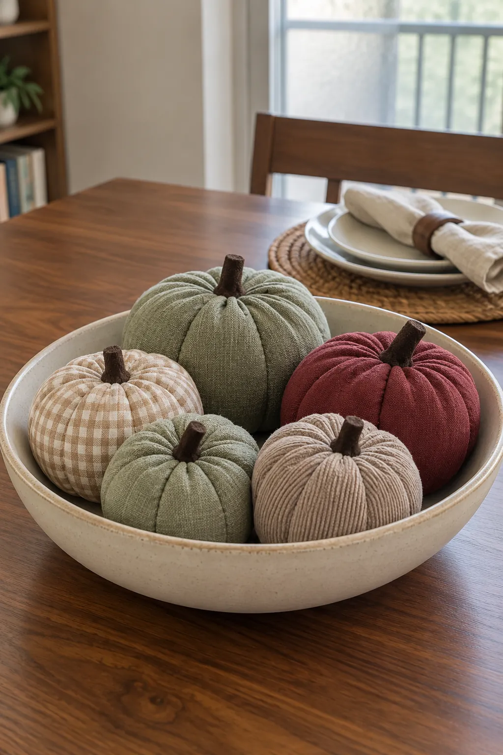 Thanksgiving table decoration with a low bowl of fabric pumpkins