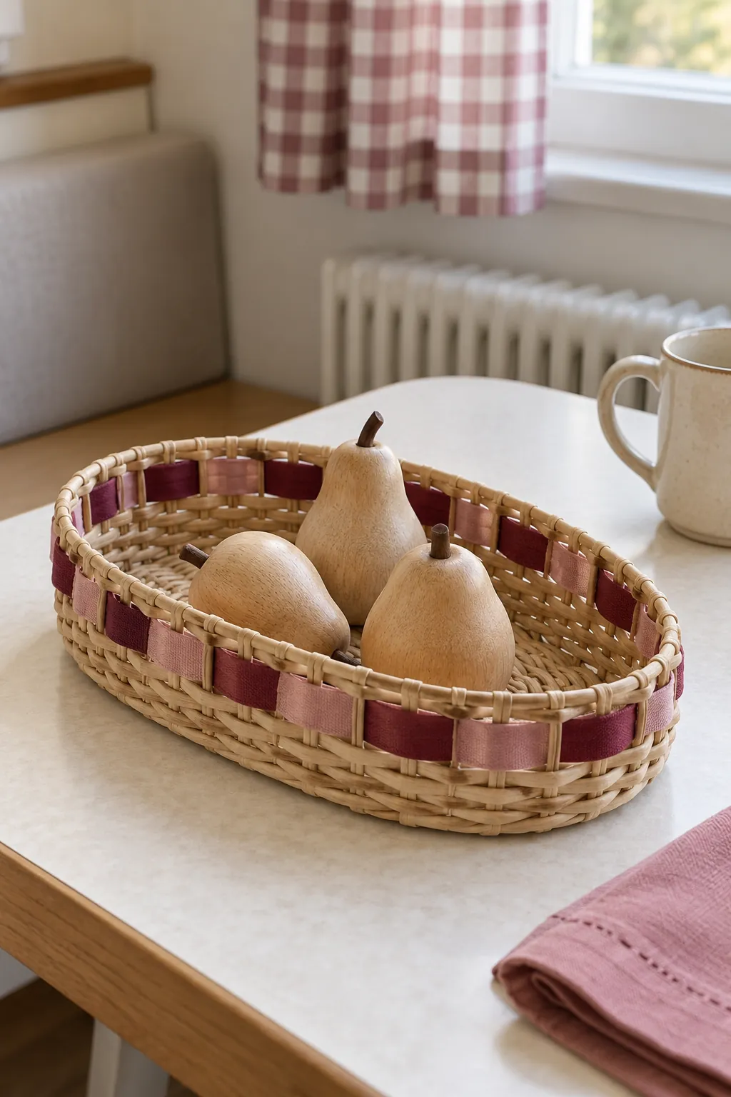 Thanksgiving table decoration with a ribbon woven tray