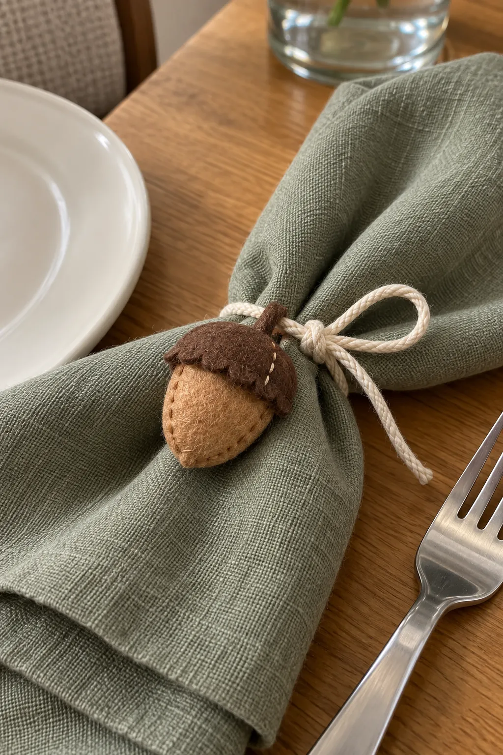 Thanksgiving table decoration with felt acorn napkin ties