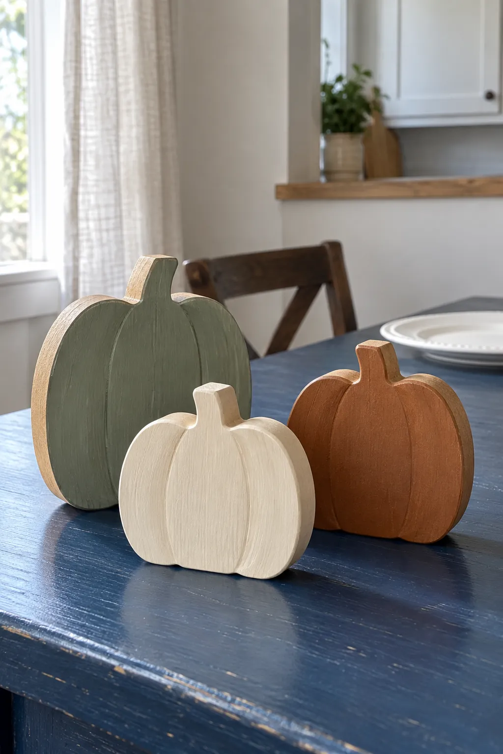 Thanksgiving table decoration with a painted wooden pumpkin cluster