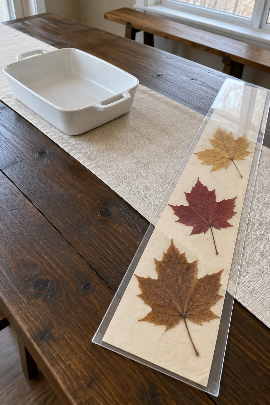 Thanksgiving table decoration with a pressed leaf display strip