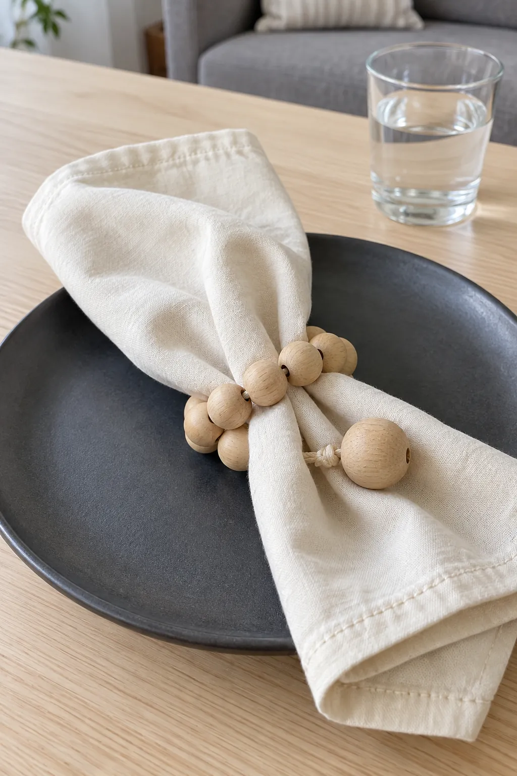 Thanksgiving table decoration with wooden bead napkin loops