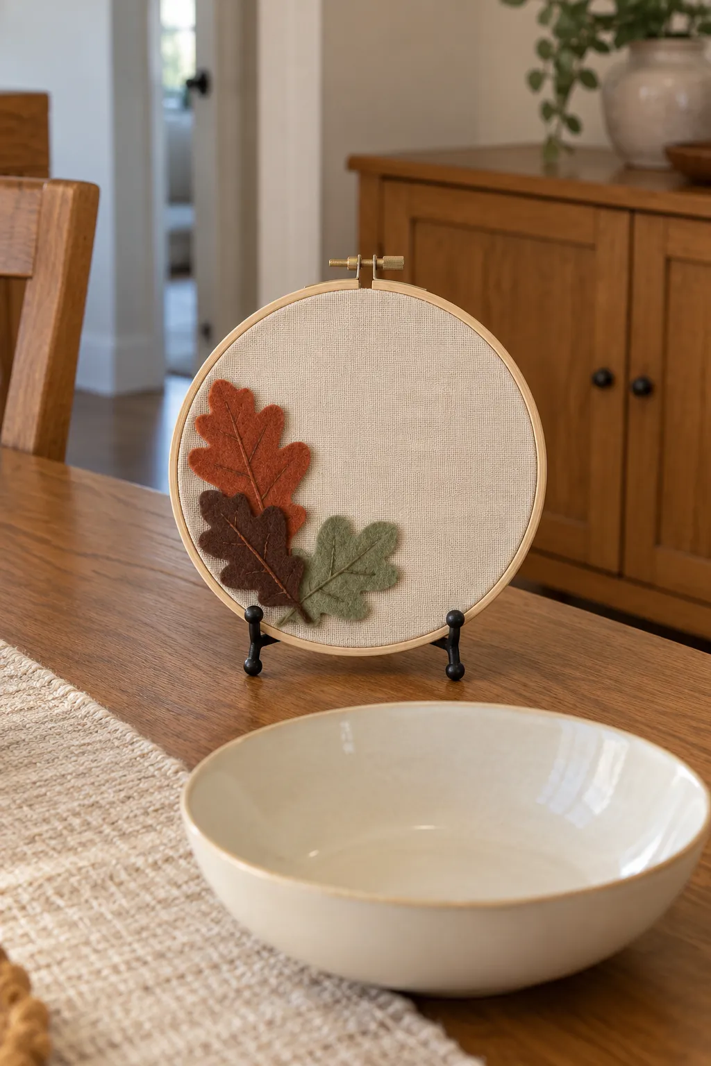 Thanksgiving table decoration with a small embroidery hoop accent