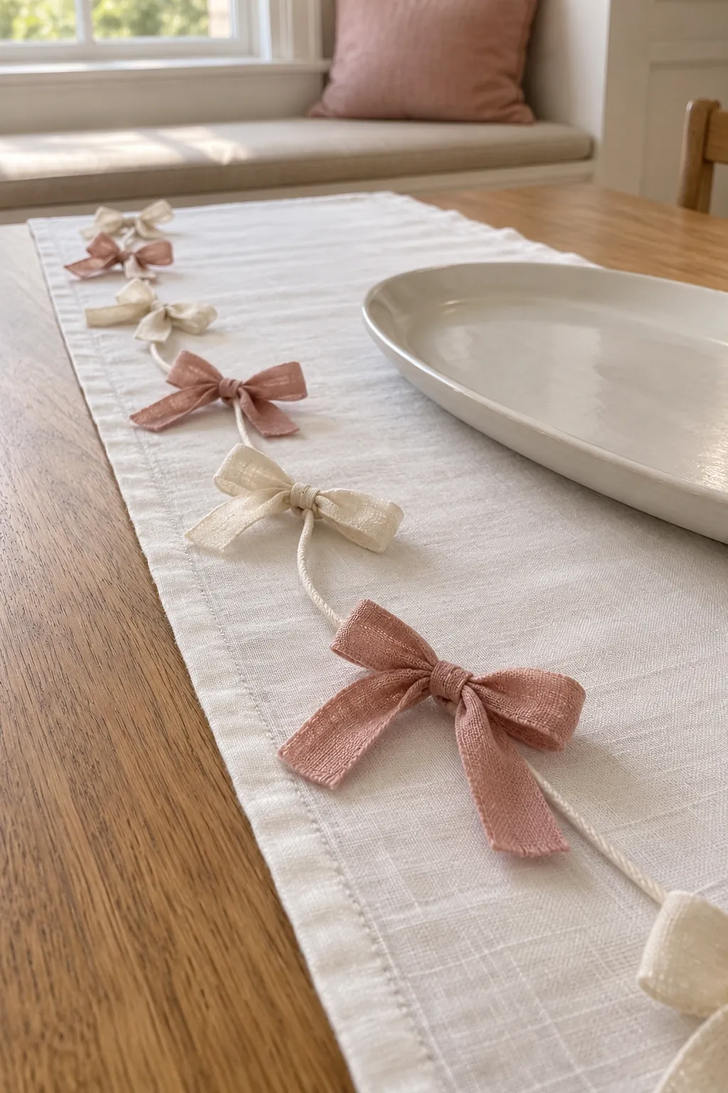 Thanksgiving table decoration with a linen ribbon table garland