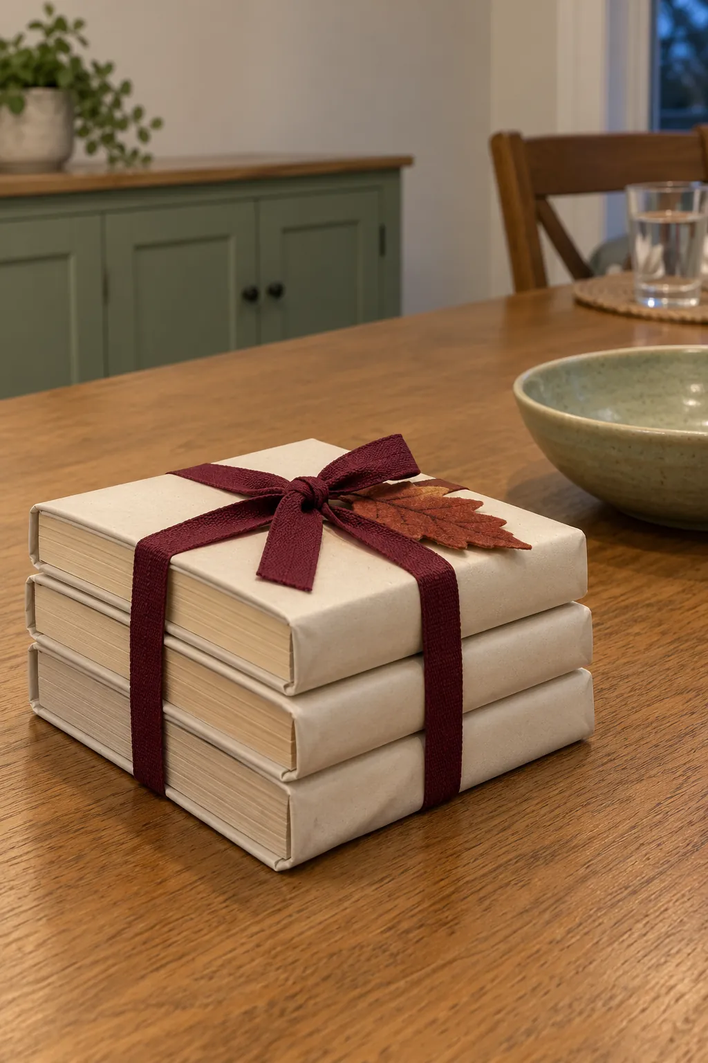 Thanksgiving table decoration with decorative miniature book stacks