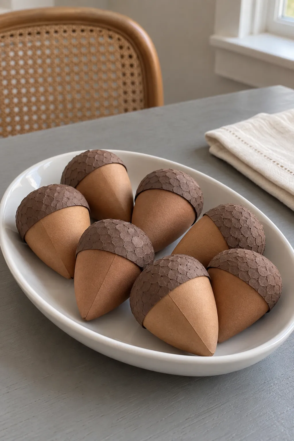 Thanksgiving table decoration with a shallow dish of paper acorns