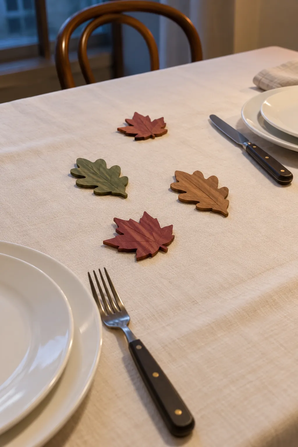 Thanksgiving table decoration with a reusable wooden leaf scatter