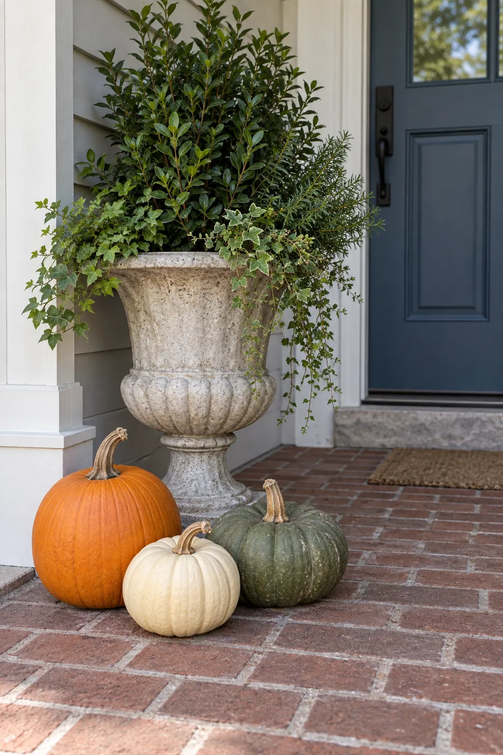 Whole pumpkins beside a shaded porch urn for Thanksgiving