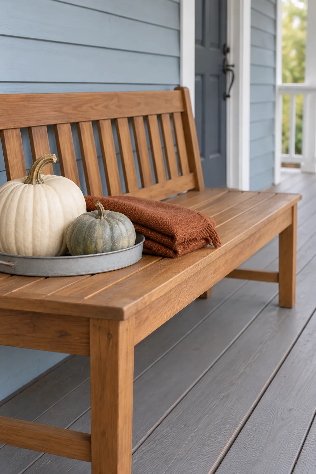 Cream and green pumpkins beside an outdoor throw on a porch bench