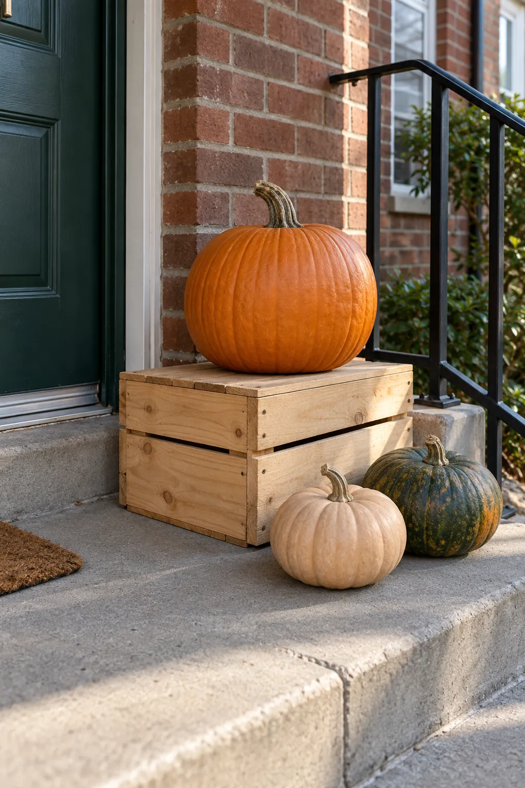 Thanksgiving pumpkins arranged on and beside a low stable wooden crate