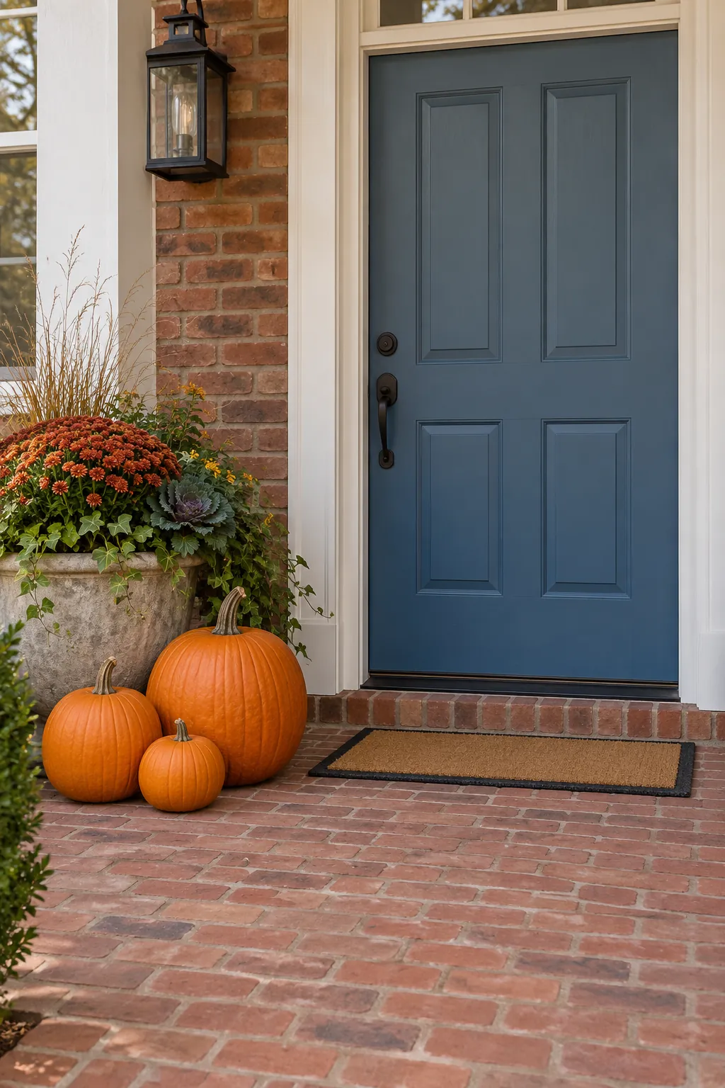 Whole pumpkins reused in a welcoming Thanksgiving porch arrangement