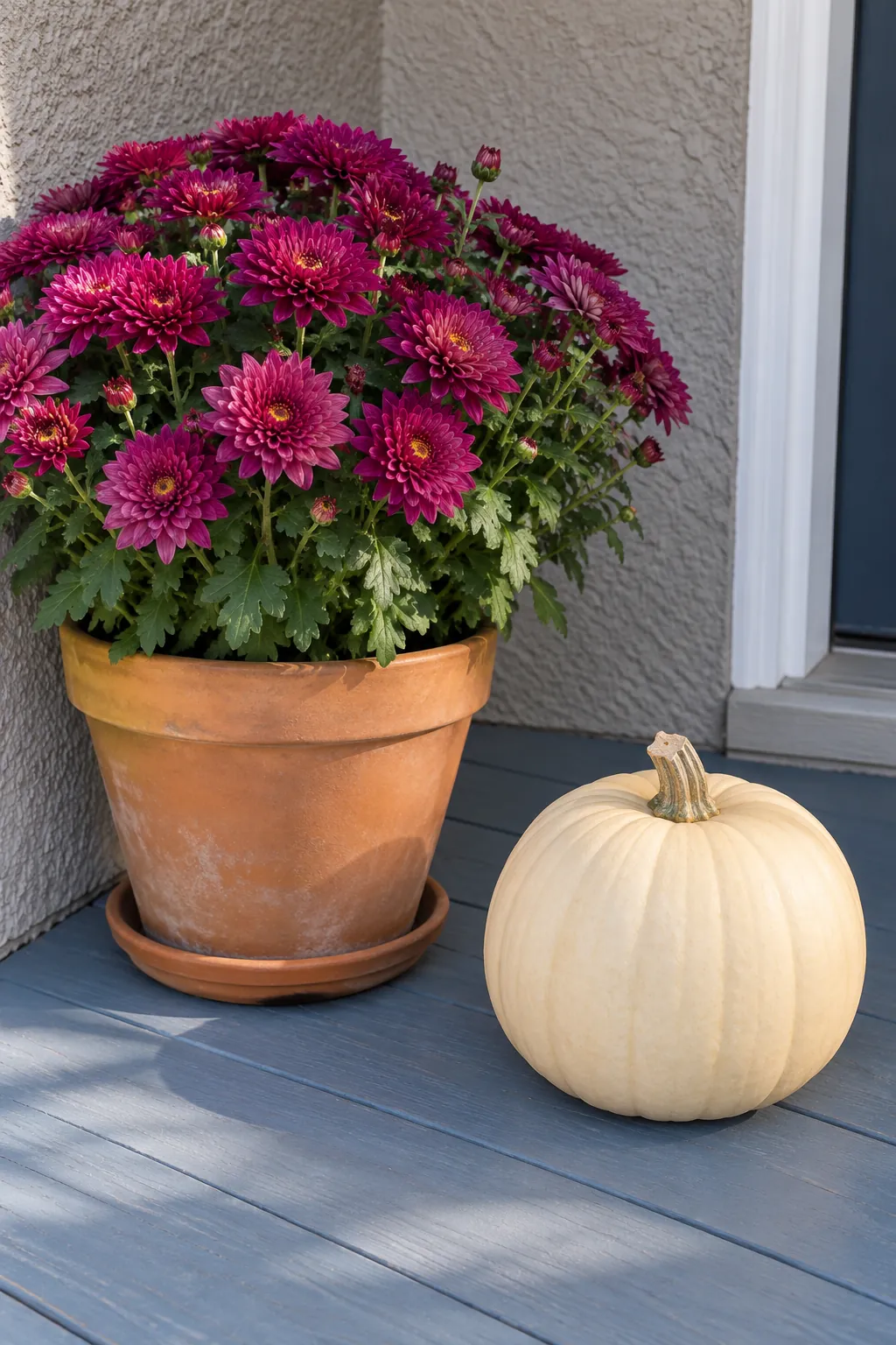 An intact pumpkin beside flowering mums in a terracotta porch pot