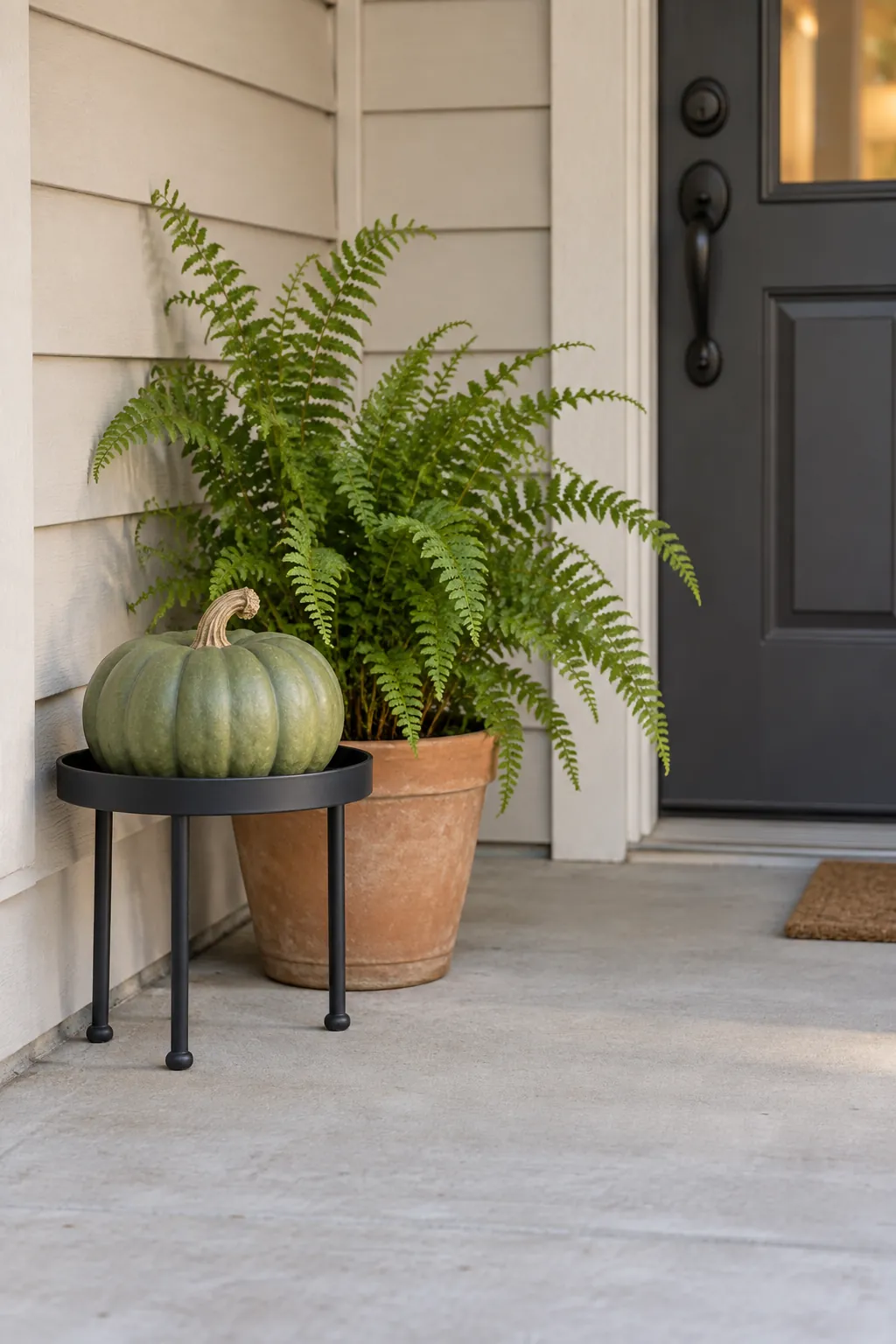 A small green pumpkin on a low plant stand beside a porch fern