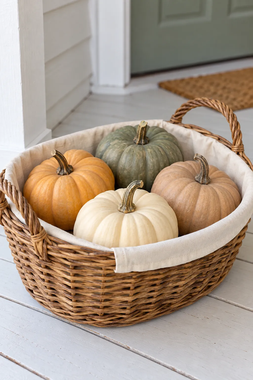 Small whole pumpkins gathered in a shallow basket on a covered porch