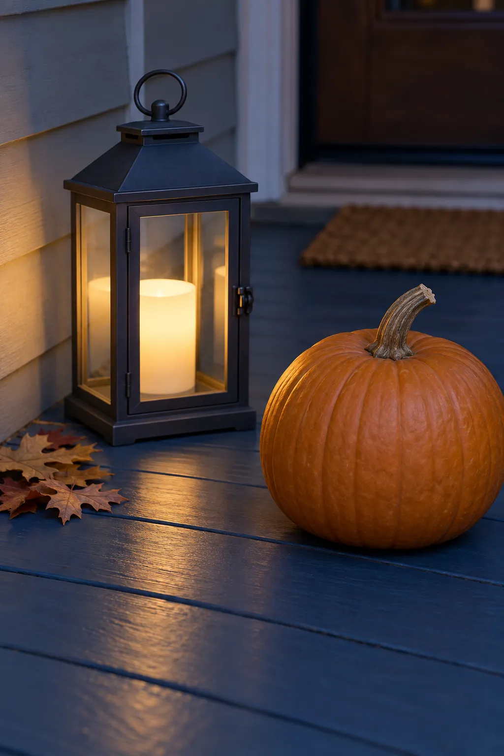 Whole pumpkin beside an outdoor battery lantern for a Thanksgiving porch