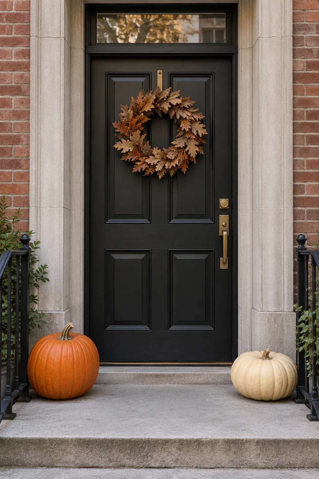 Two whole pumpkins framing a dark front door with clear access