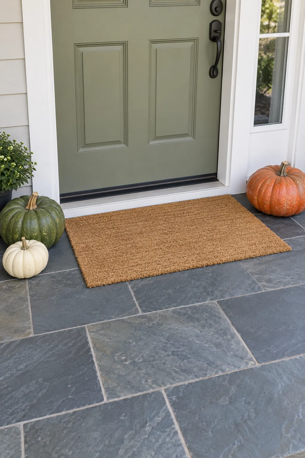 Pumpkins outside the corners of a clean doormat on a wide landing