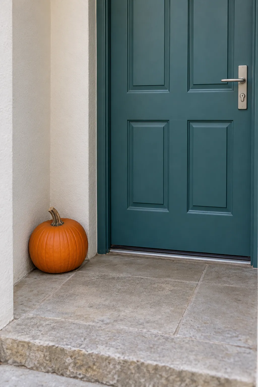 One sound pumpkin tucked into a sheltered corner of a small front landing