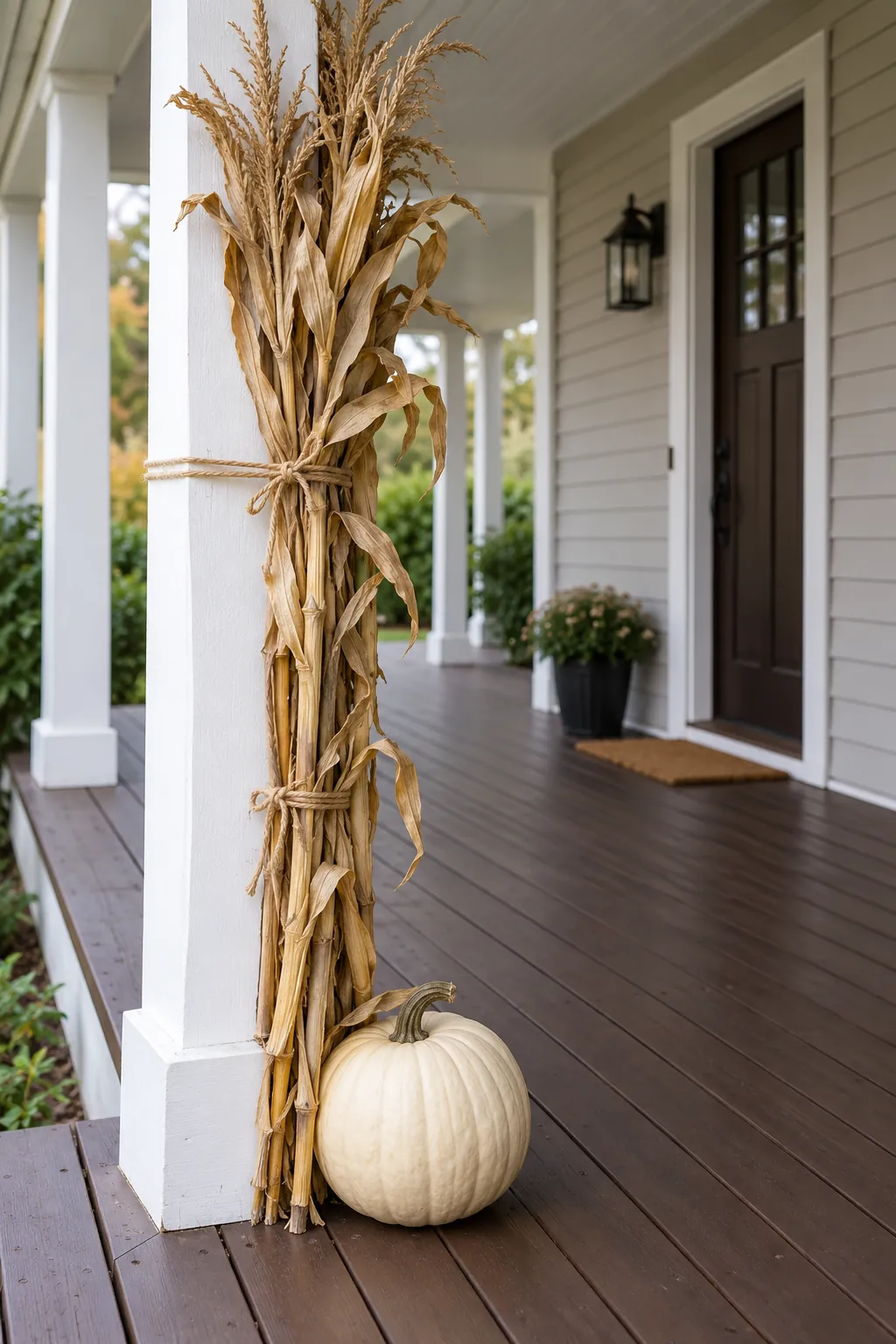Single pumpkin at the base of a porch post with secured cornstalks