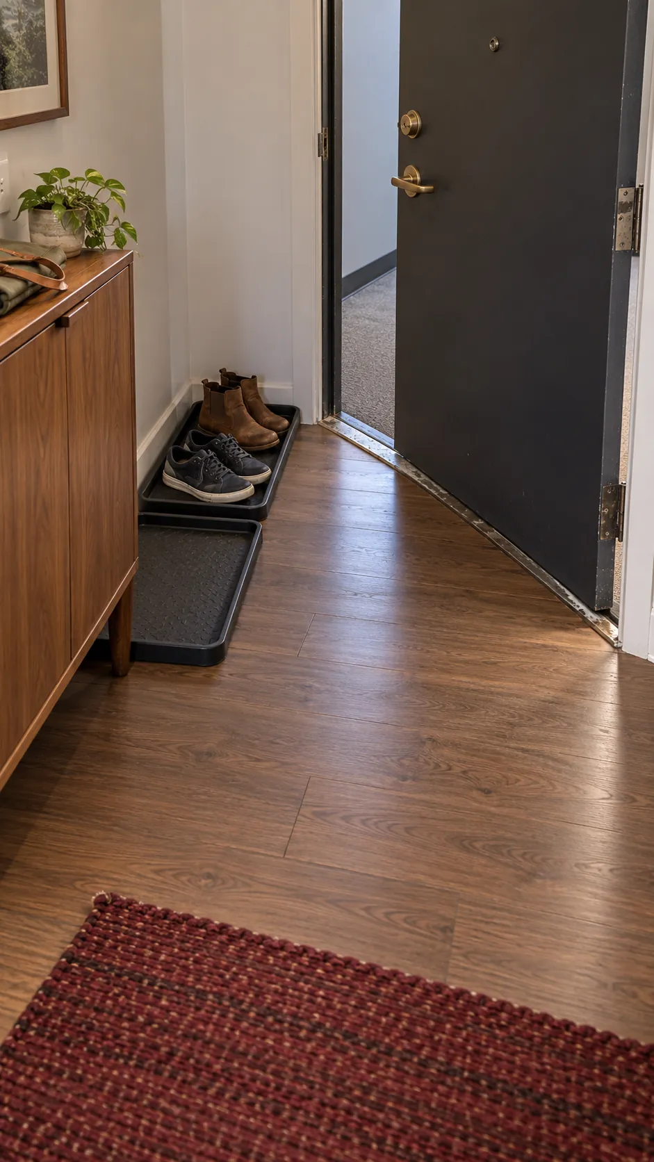 Entry shoe tray for Thanksgiving in a small apartment