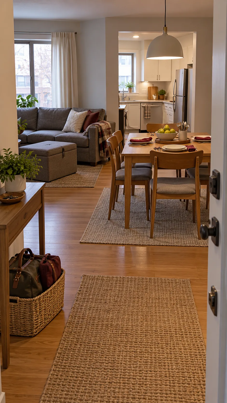 Compact apartment with clear guest routes and organized storage before Thanksgiving