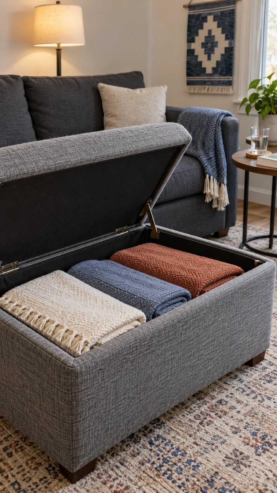 Ottoman throw storage for Thanksgiving in a small apartment