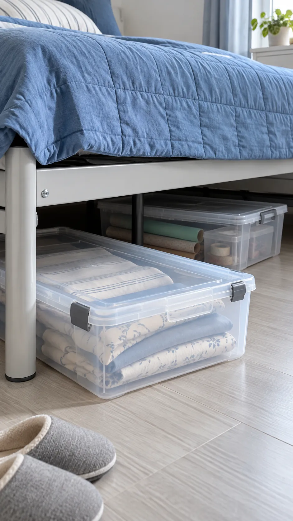 Underbed household bins in a guest ready apartment