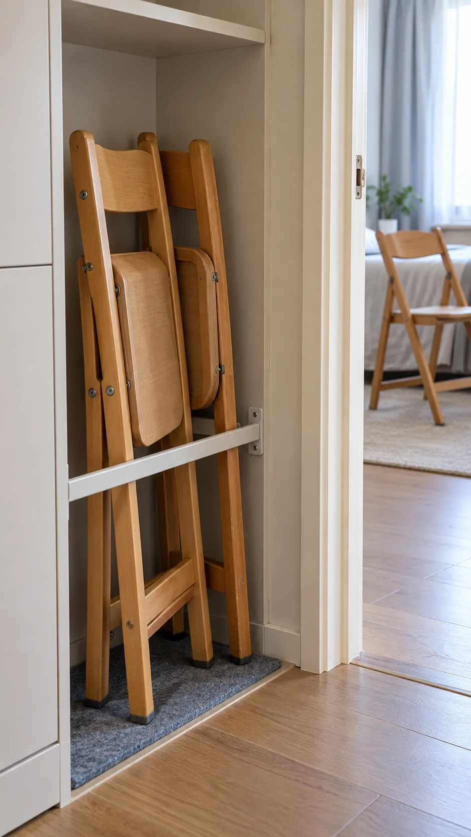 Folded chair storage in a guest ready apartment