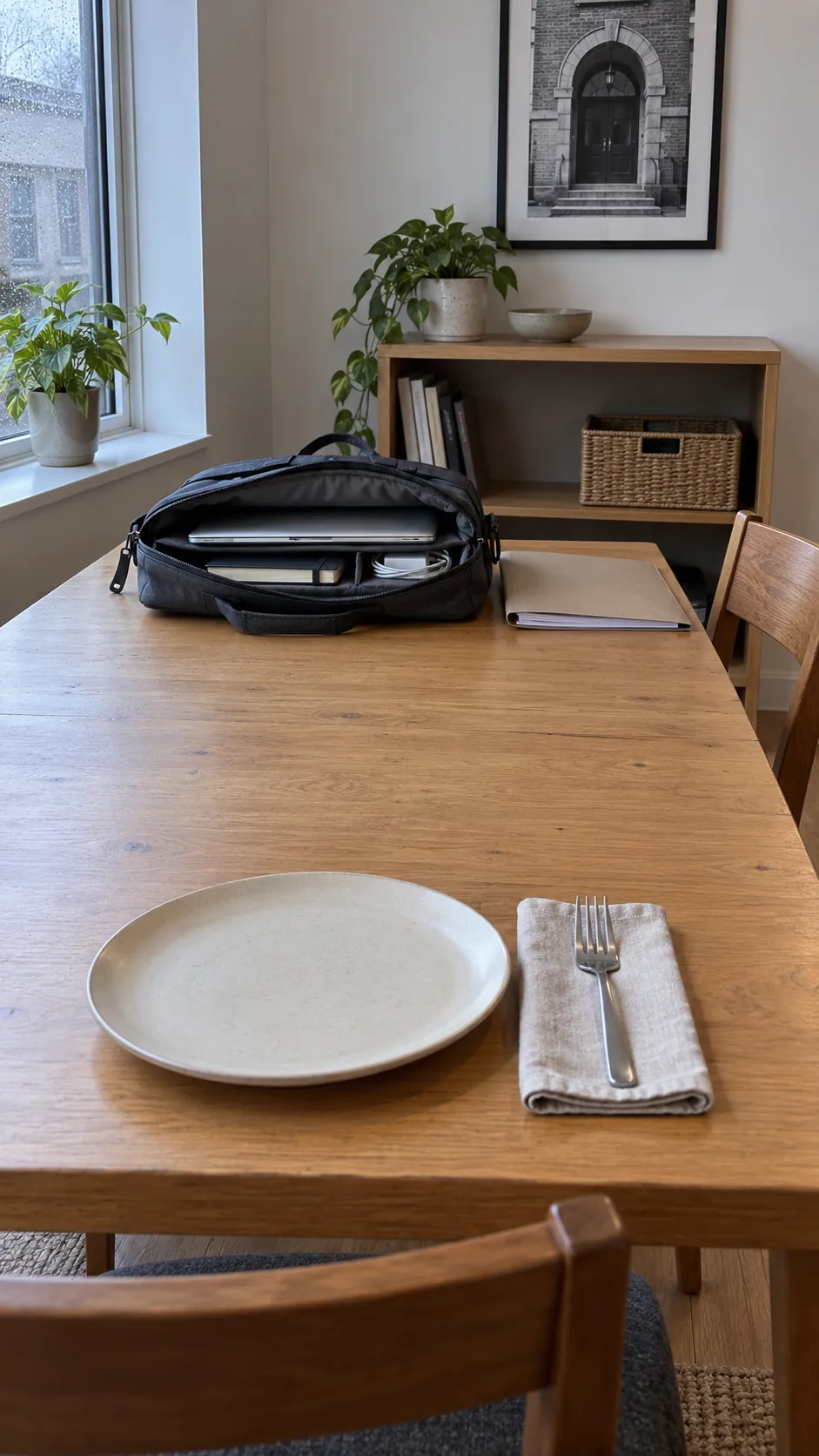 Packed dining workstation in a guest ready apartment