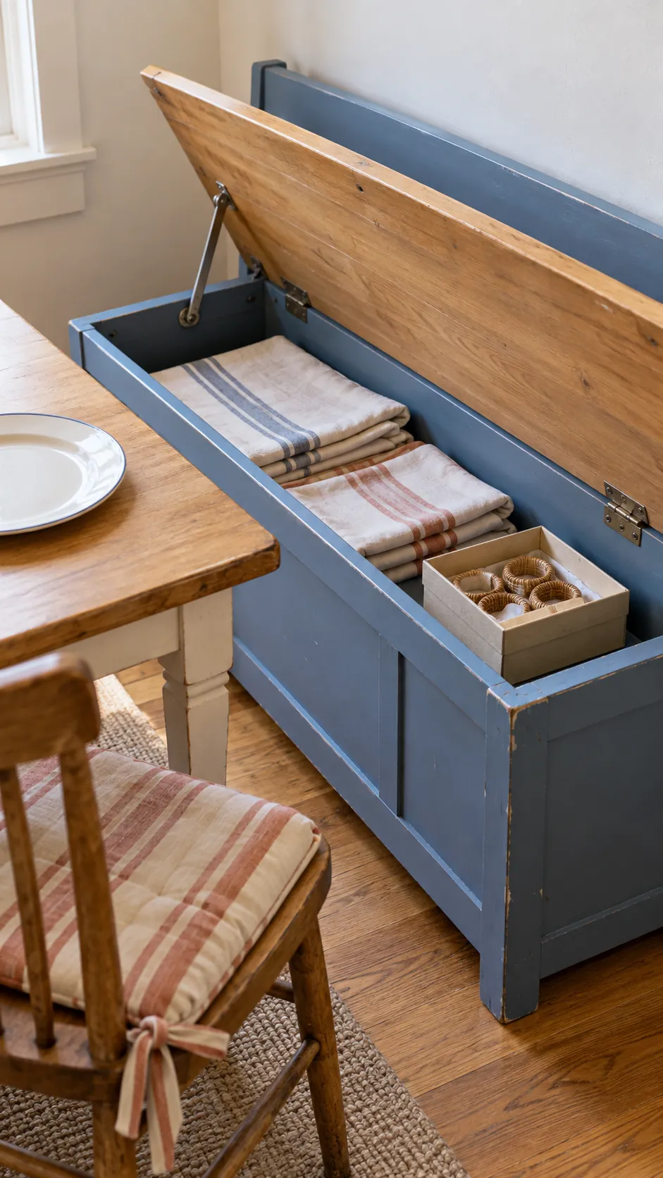Dining bench compartment in a guest ready apartment