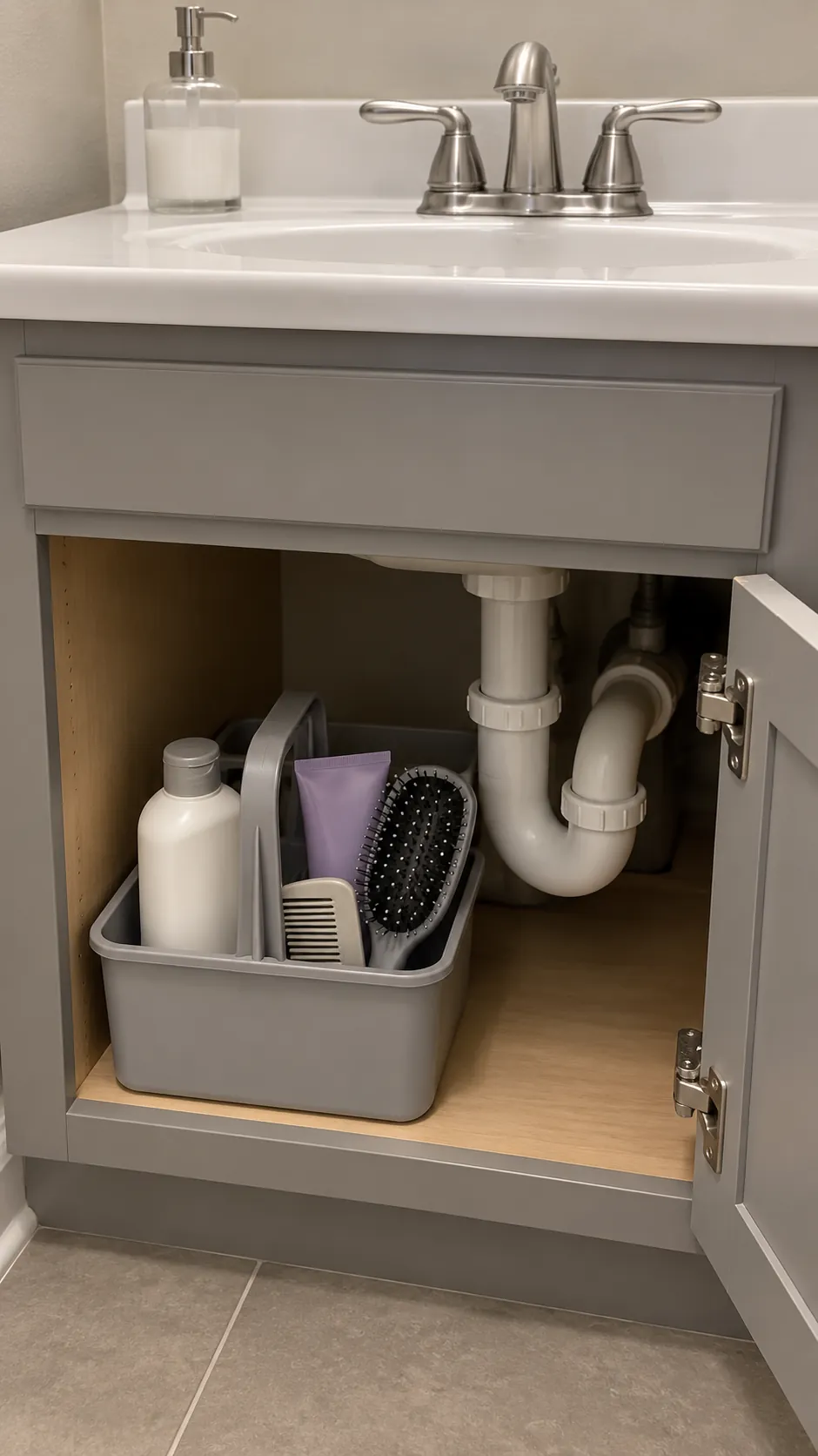 Bathroom product caddy during apartment Thanksgiving preparation