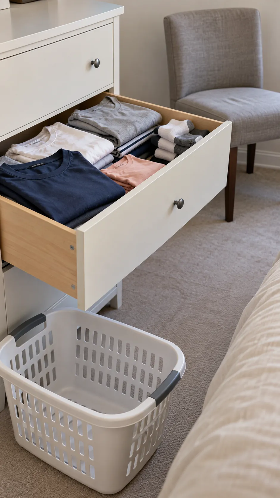 Laundry put away during apartment Thanksgiving preparation
