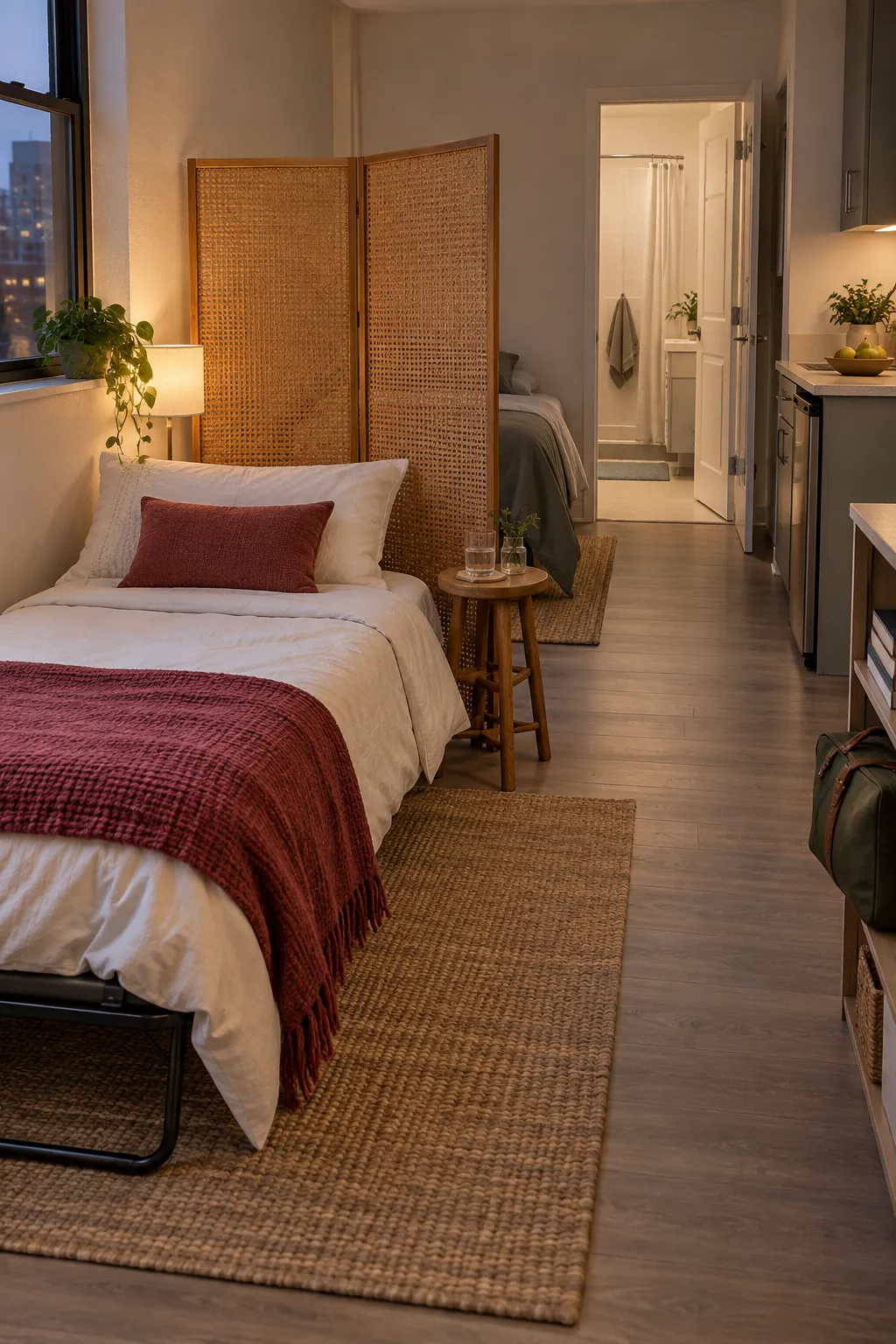 Studio apartment with a prepared guest bed, privacy screen, and clear bathroom route