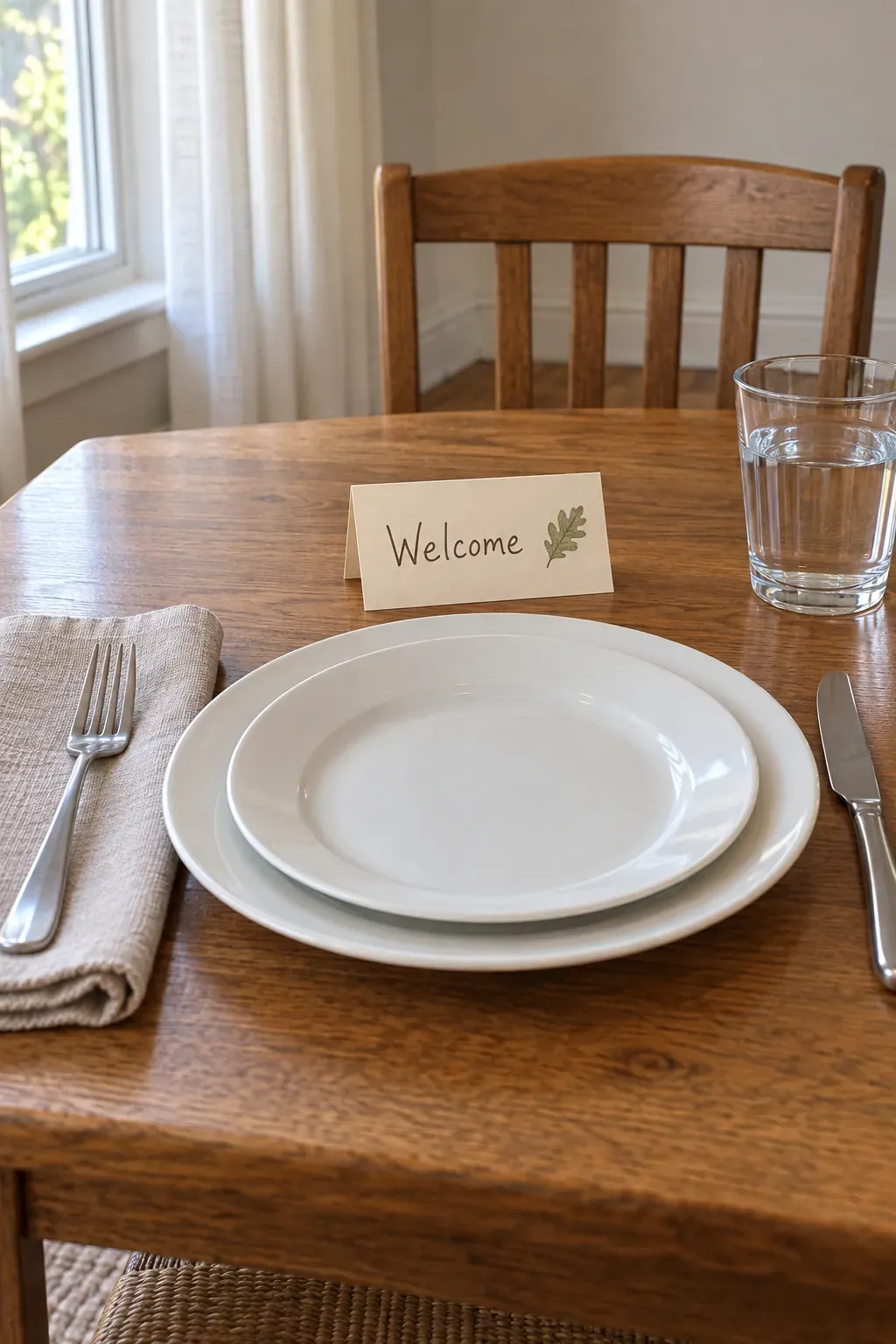 Thanksgiving place setting with a handwritten cardstock card and simple leaf motif