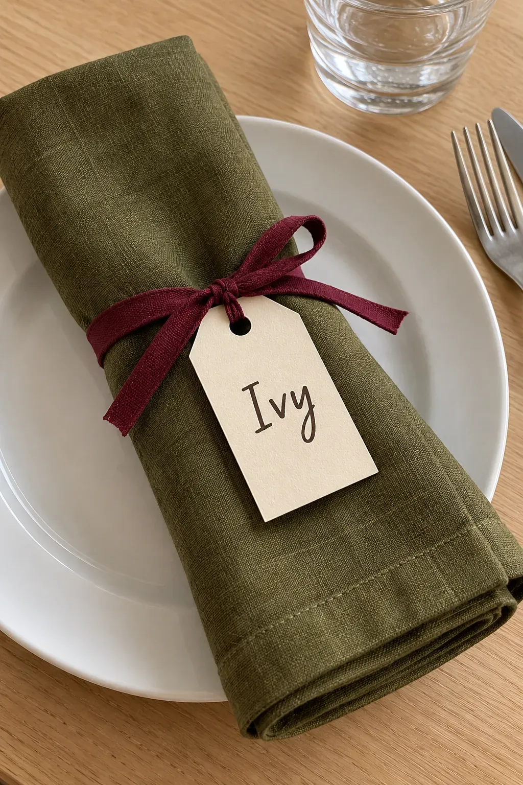 Handmade Thanksgiving place card with ribbon tied napkin tags