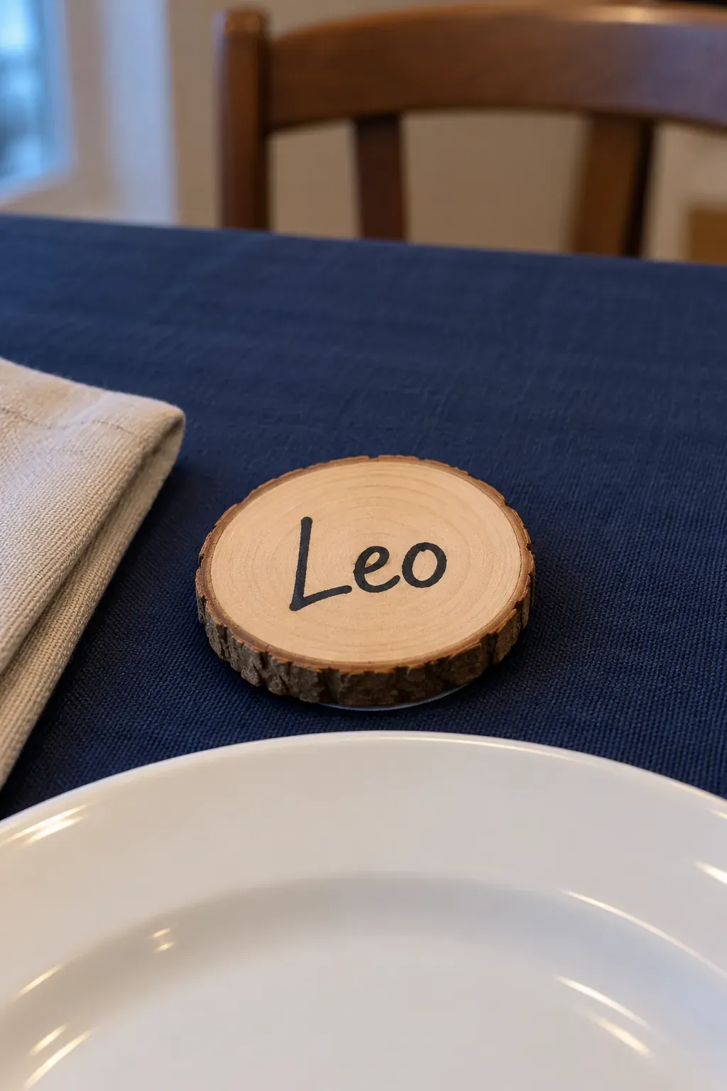 Handmade Thanksgiving place card with wooden round name markers