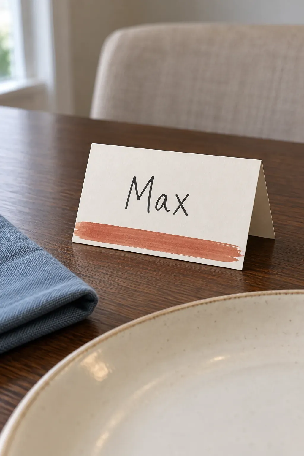 Handmade Thanksgiving place card with a painted stripe across a tent