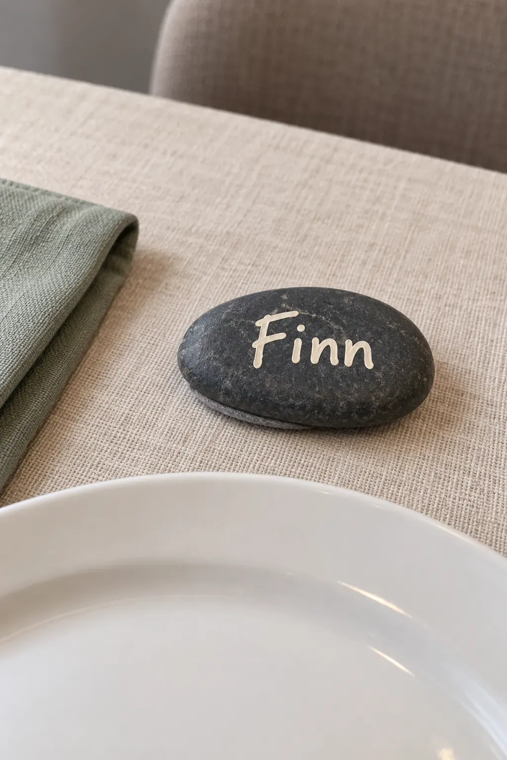 Handmade Thanksgiving place card with a smooth stone name marker