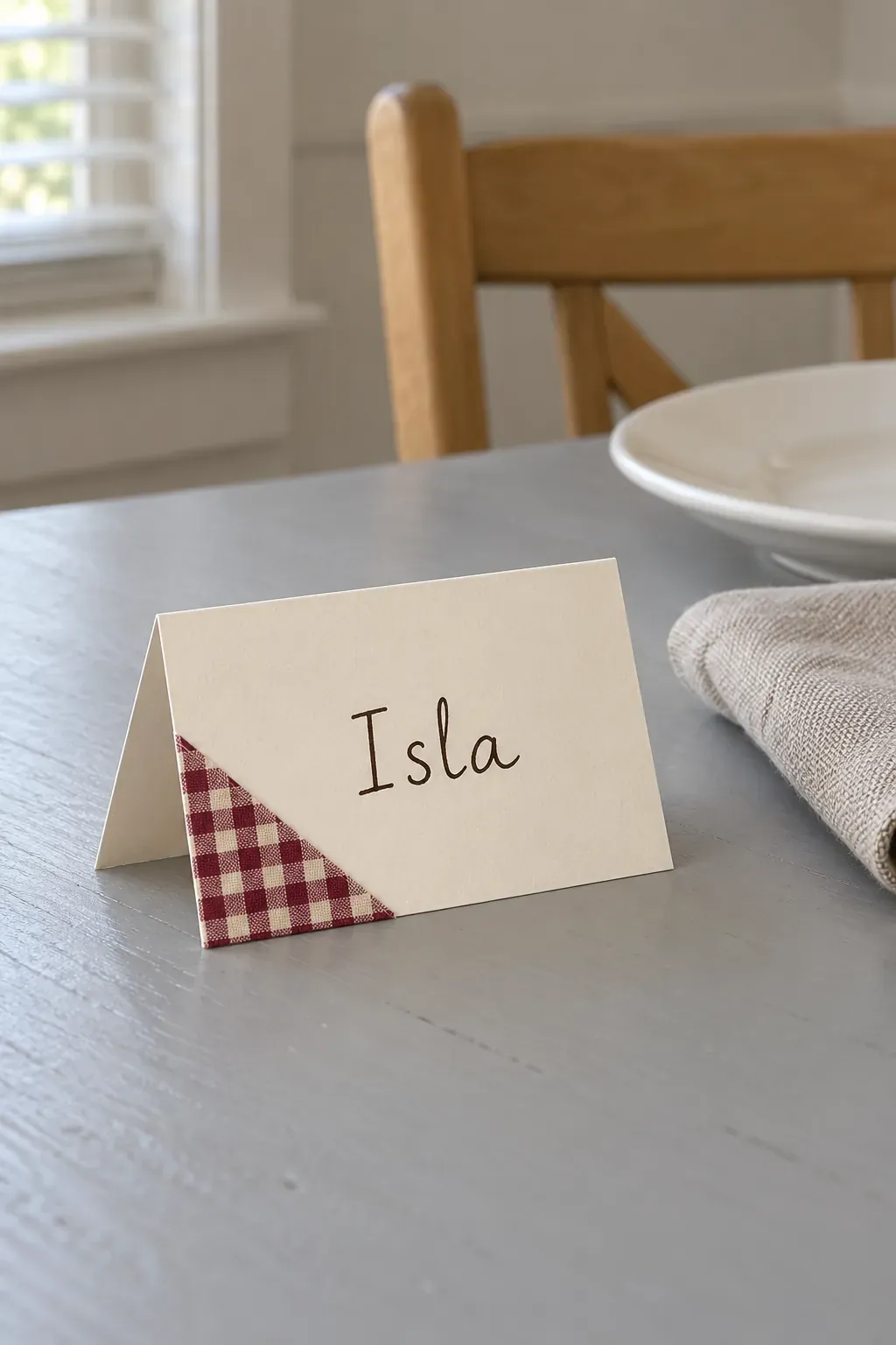 Handmade Thanksgiving place card with scrap fabric corner cards