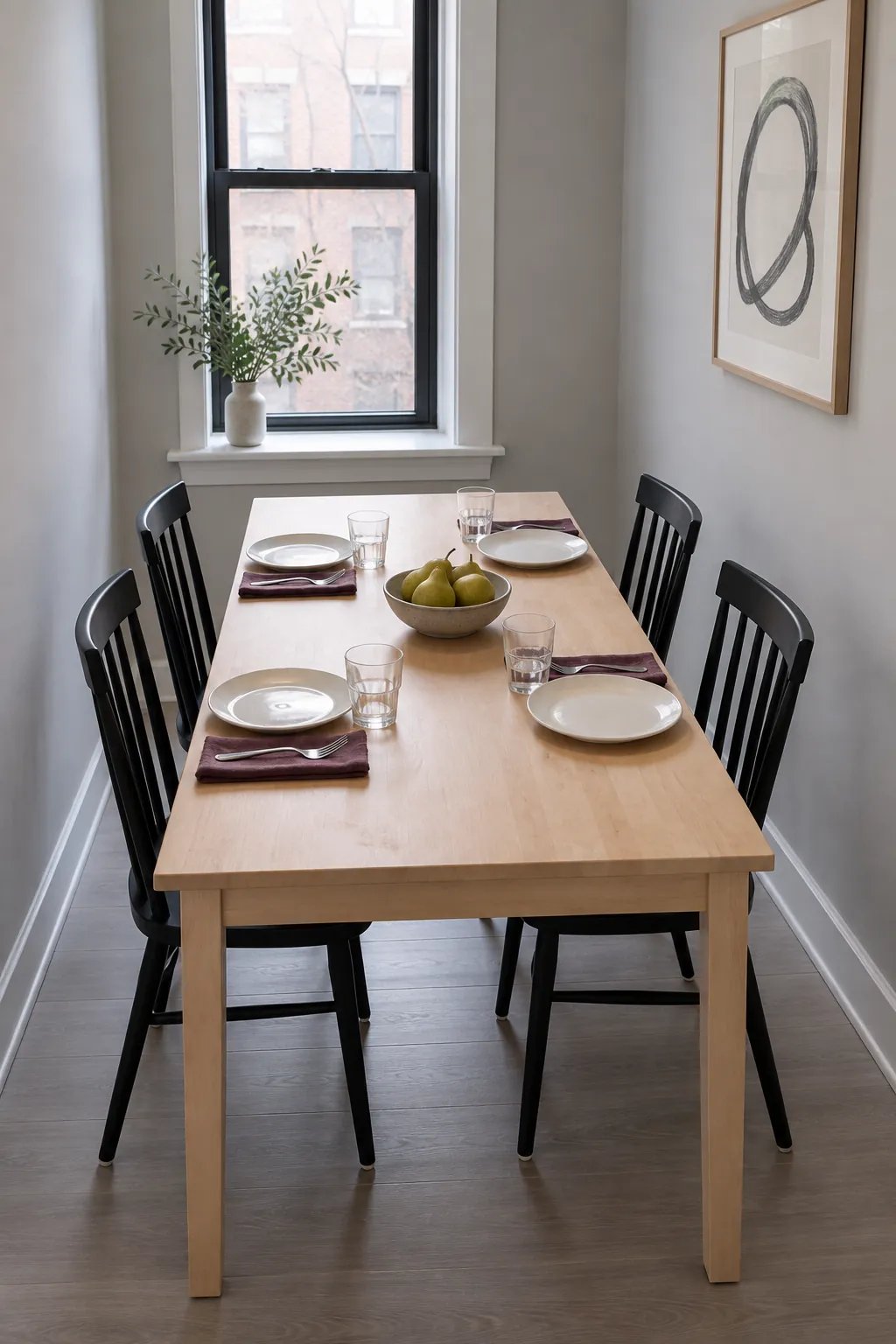 Long axis dining table arranged for Thanksgiving in a narrow nook